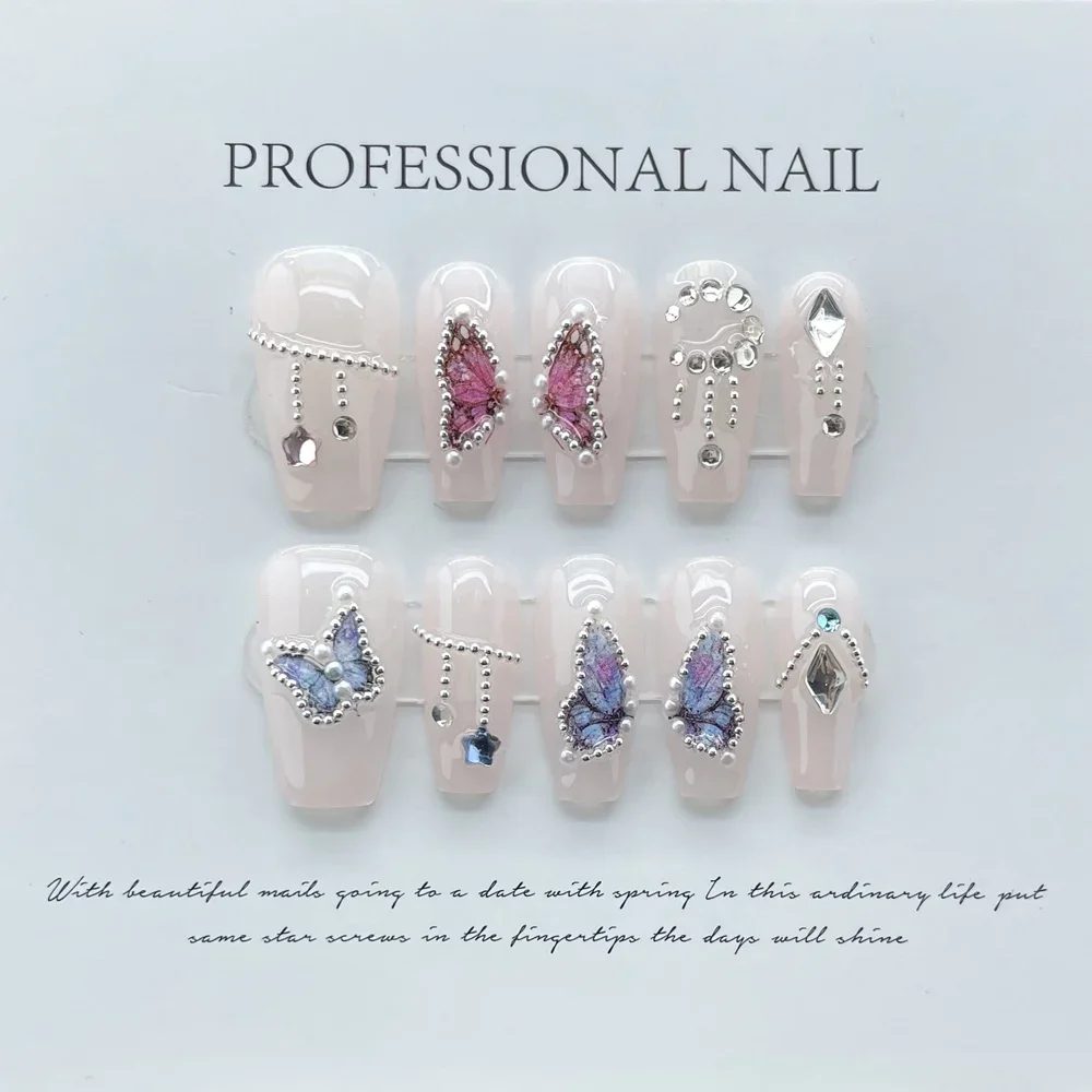 

Handmade Nude Press on Nails Short with 3D Design Korean Fairy Rhinestone Reusable Adhesive False Nail Acrylic Nail Tip Nail Art