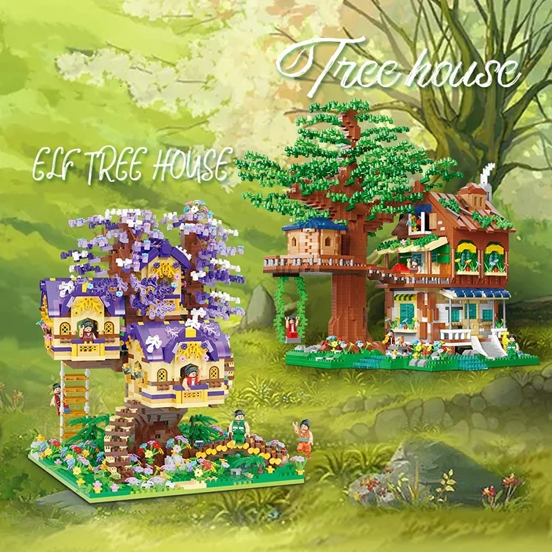 Micro ladrillos creativos, casa del árbol de flor de cerezo, bloques de construcción, modelo ensamblado, vista a la calle, Kit MOC, regalo de Navidad para niños y niñas 3+