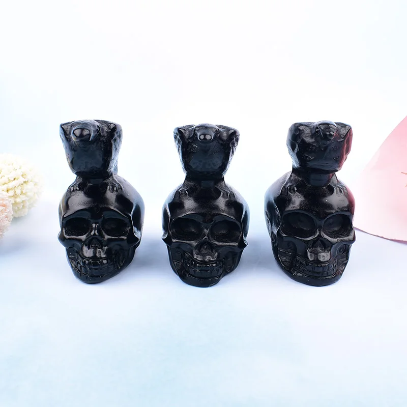 Natural Obsidian Hand Carving Crow Skull Decoration Reiki Healing Mineral Specimen Crafts Holiday Decoration Gift Home Decor