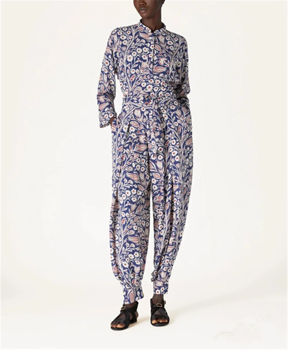 Prachtige Print Shirt Met Lange Mouwen En Hoge Taille Broek Zijde Elegante Set L * P Dameskleding