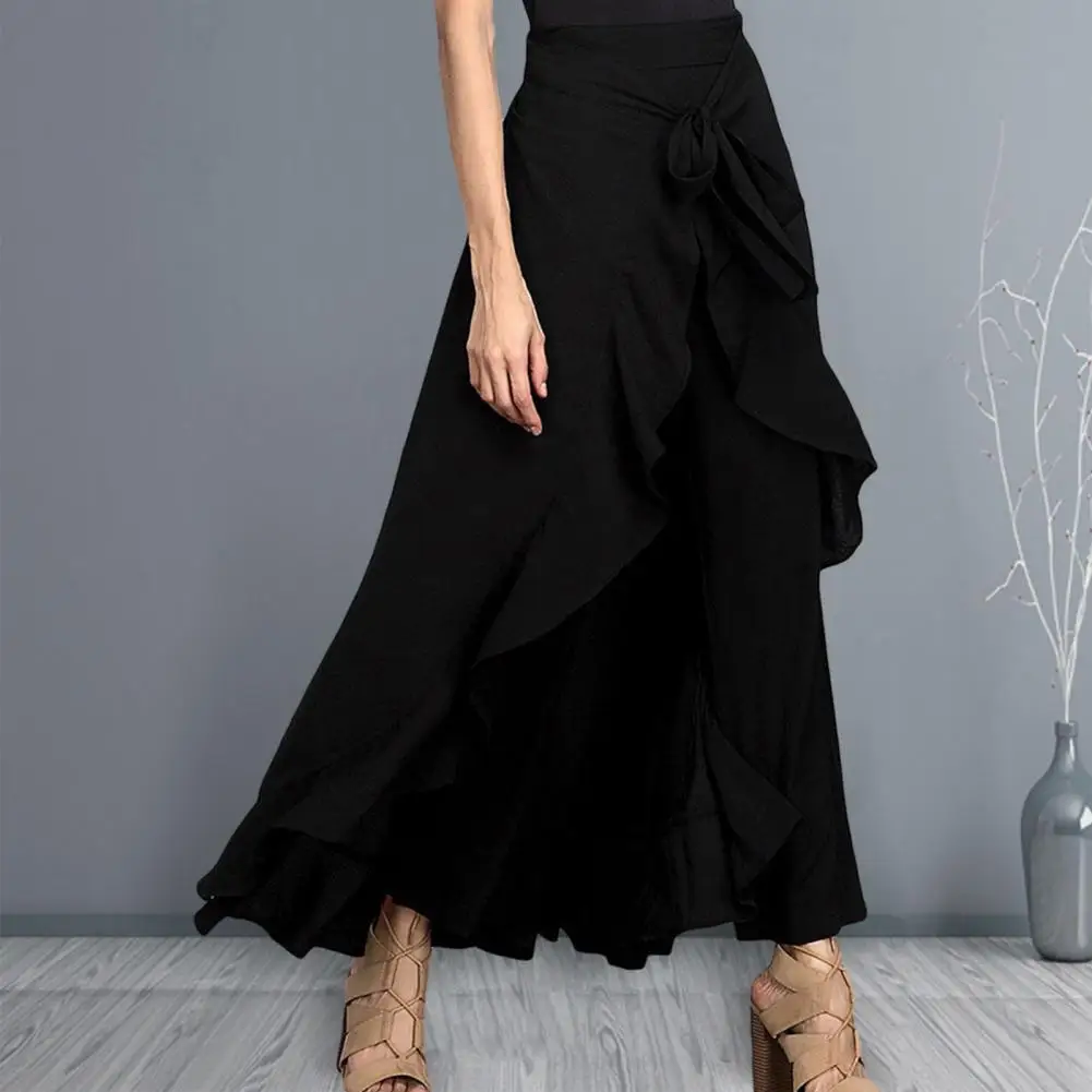 Ladies Pants Skirt Elegant High Waist Ruffle Patchwork Maxi Skirt with Irregular Hem Lace Up Ankle Length Women\'s Dance Party