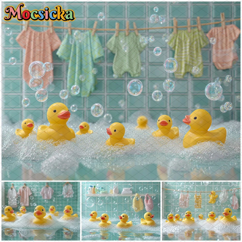 

Mocsicka Yellow Duck Photo Backgrounds Bathroom Bubble Bath Picture Wallpaper Birthday Party Photography Backdrops Studio Banner