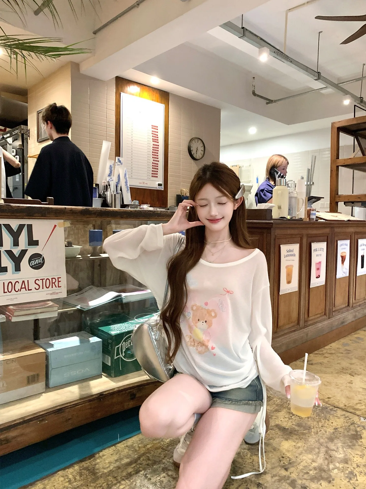 Acaine Heart Bear Short Loose Cover up Long Sleeve Women's T-Shirt Summer Sweet Print Drawstring Cute Style Ruffle Hem