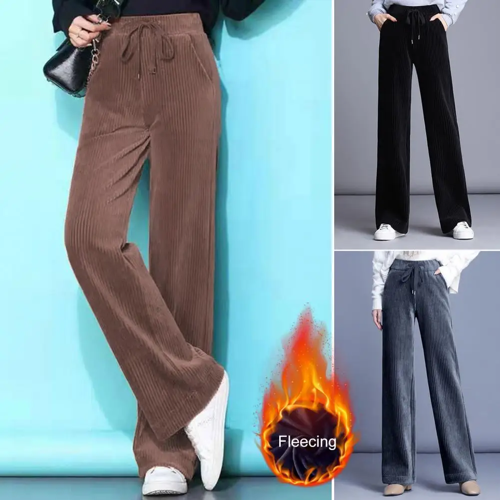 Women Pants Plush Warm Wide Leg Women's Sweatpants with Drawstring Elastic High Waist Soft Pockets Loose Straight for Weather