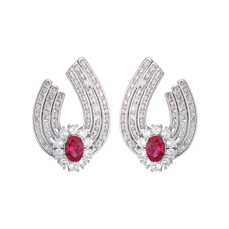 Jewelry Gold-Plated New Vintage Red Corundum Blue Spinel Personality Stud Earrings Main Stone 6*8