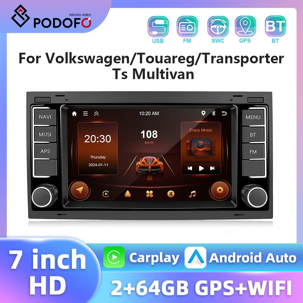 Podofo 2+64G GPS WIFI Car Radio For Volkswagen/Touareg/Transporter Ts Multivan Carplay Android Auto Navigation EQ FM/RDS Audio