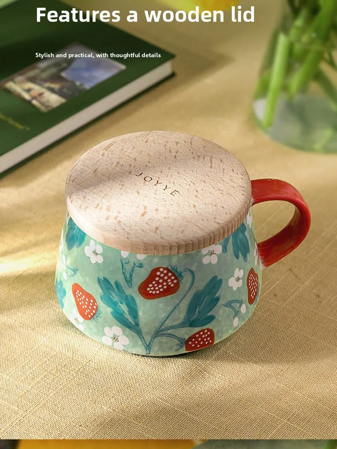 

Hand-Painted Ceramic Mug with Lid Office Ins Style Coffee Cup High Aesthetic Value Wooden Lid Single Ear Handle Gift Box