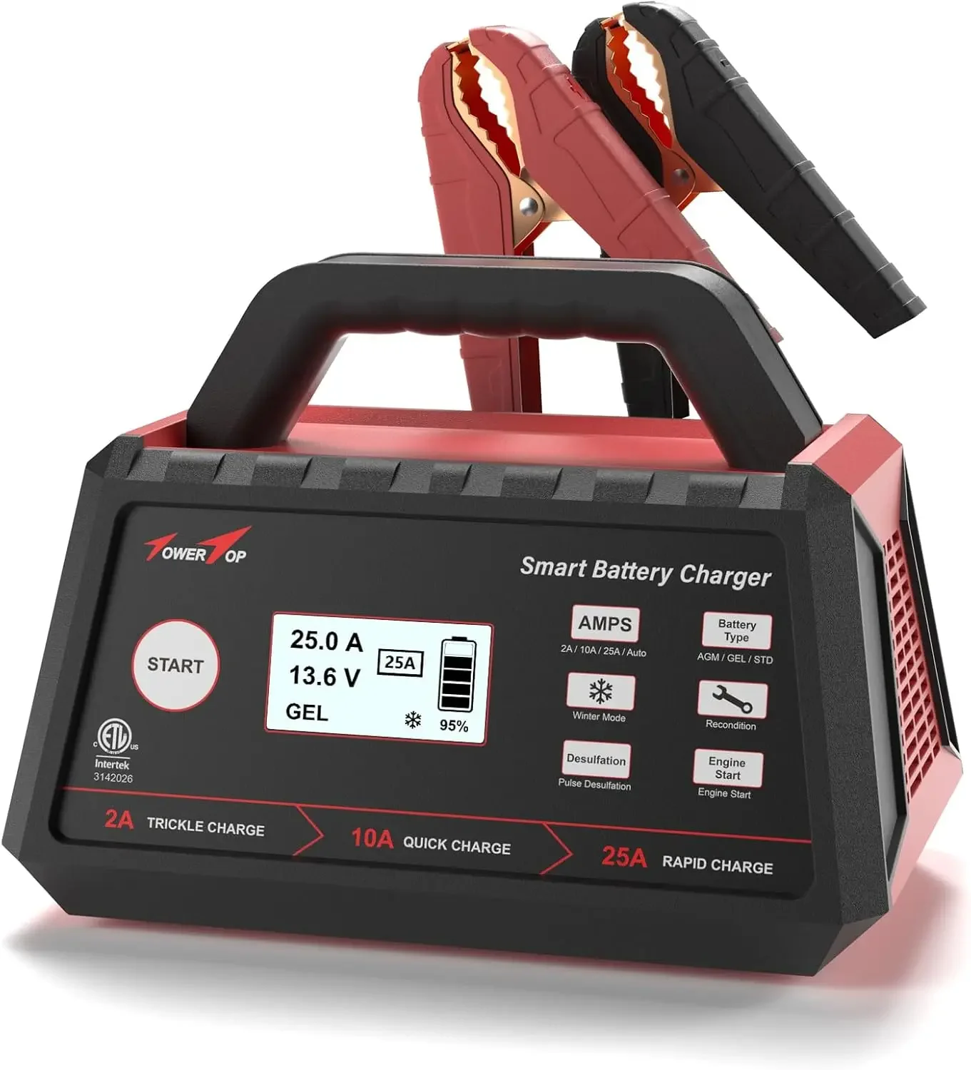 

12V Smart Car Battery Charger, Fully Automatic with Engine Start, Auto Desulfator, Winter Mode for AGM, STD, Gel Batteries