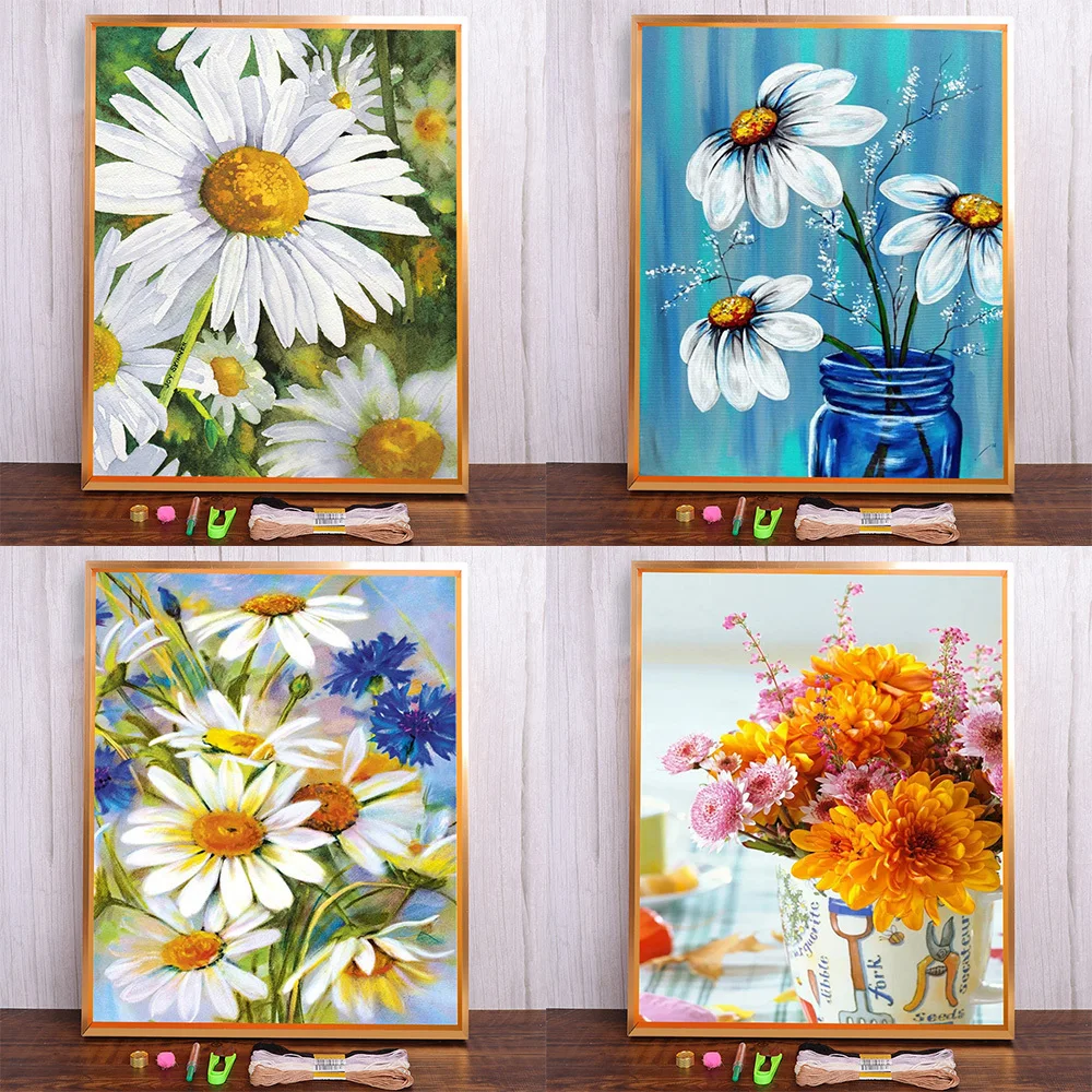 Flowers Chrysanthemum Printed Cross Stitch Complete Kit Embroidery Craft Needlework Handmade Sewing Home Decor Wholesale Needle