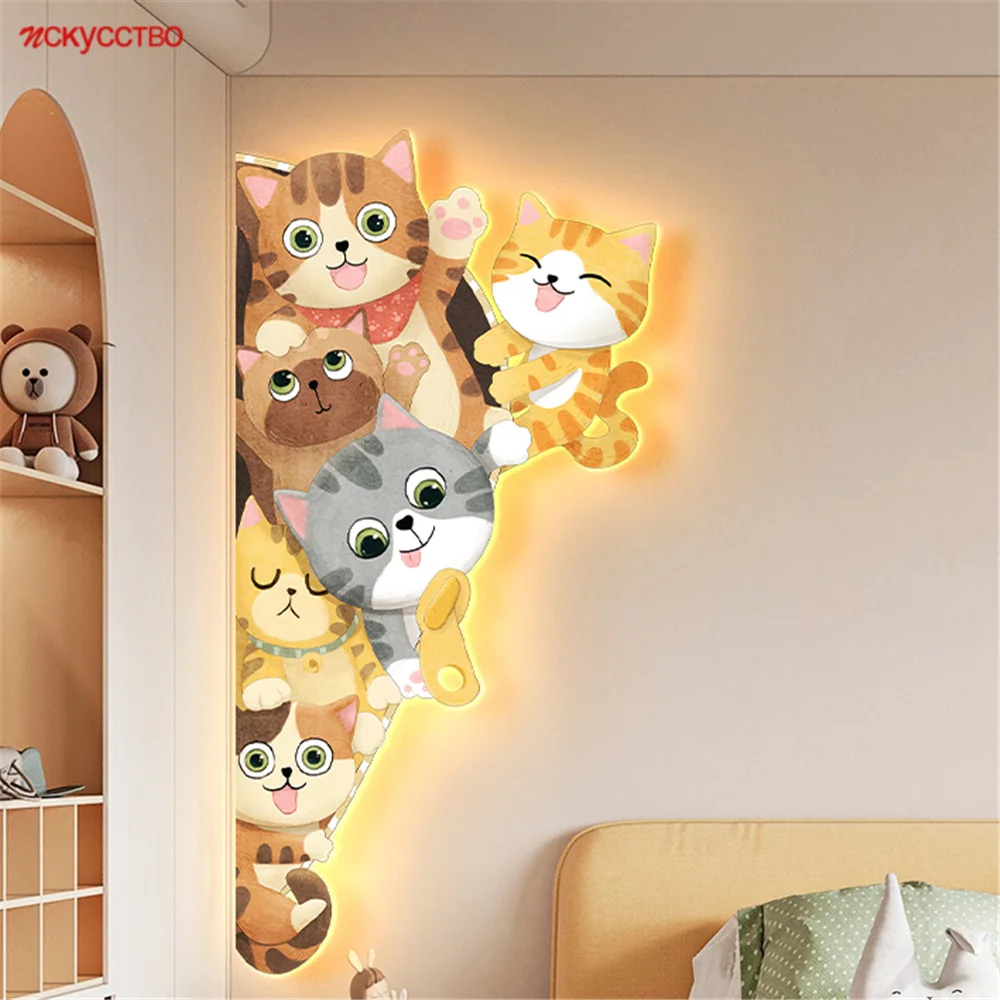 Corner Cat Painting Room Girl Mural Led Wall Lamp Children\'S Room Decoration Indoor House Corridor Sconces Living Room Lights