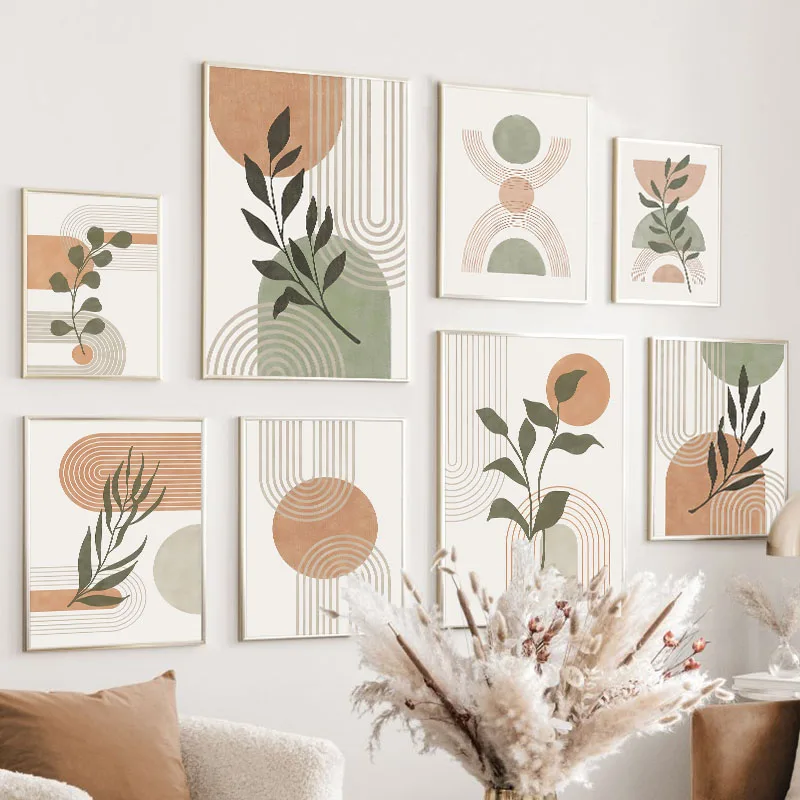 Cuadro Boho con Hojas Verdes, Línea del Sol, Geometría y Arcoíris sobre Lienzo para Pared, Pósteres Abstractos e Impresiones de Imágenes