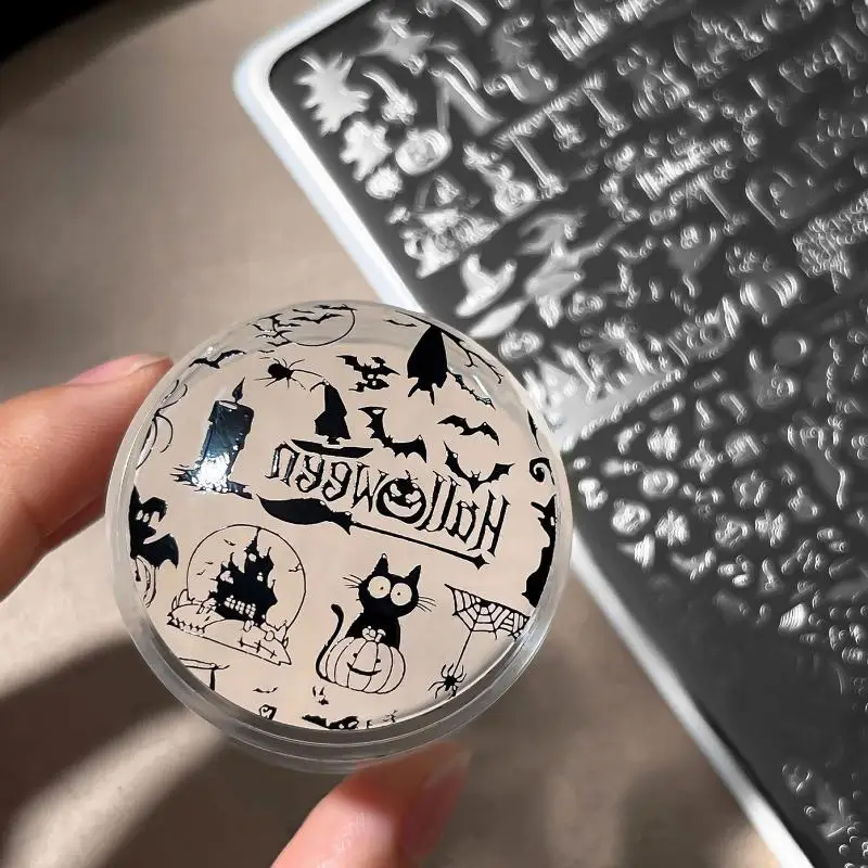 Nail Art Transfer Printing Steel Plate Halloween Candle Bat Ghost Pumpkin Spider Web Grid Lace Star Bow Silicone Stamp Templates