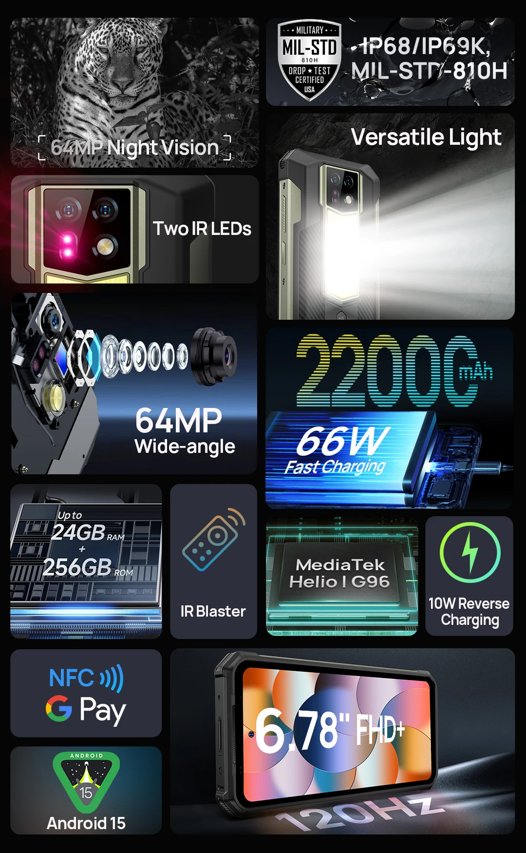 Ulefone Armor 24 Rugged Smartphone Up to 24GB RAM 256GB ROM 22000mAh 66W 64MP Night Camera 6.78"120Hz Android 15 Global Version