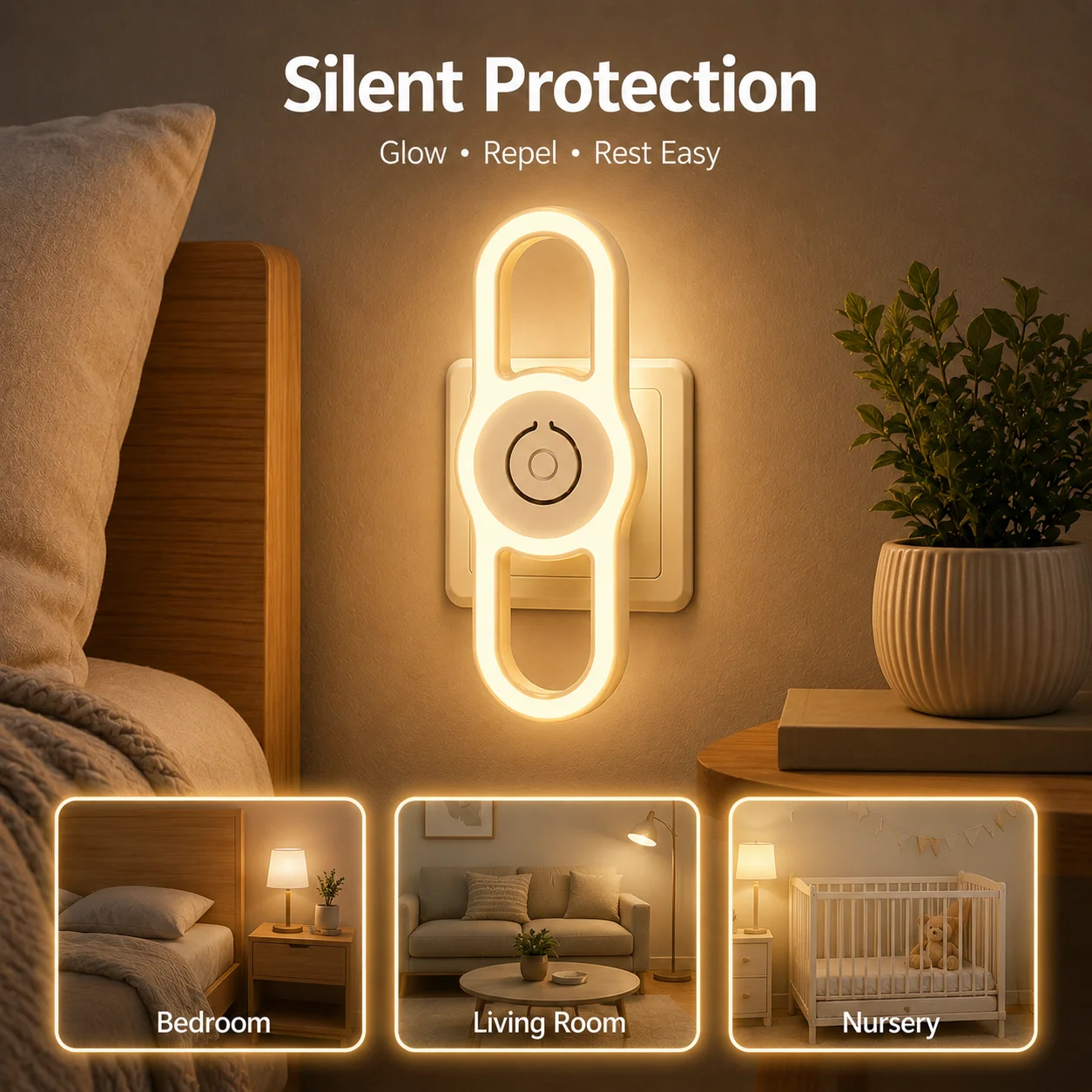LED Ultrasonic Mosquito Repellent Plug-In Night Light, Silent Soft Glow Eye-Caring Bug Lamp for Home Bedroom, 35g