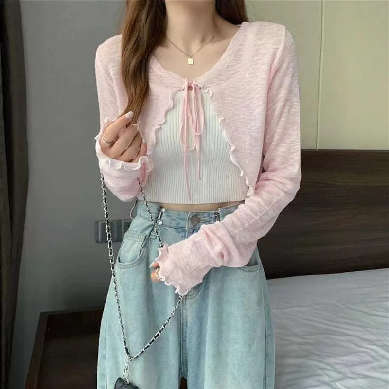 Crop Cardigan Knitted Solid Drawstring V-neck Summer OL Sweet Edible Tree Fungus Sun-proof Long Sleeve Tops Korean Trendy Casual