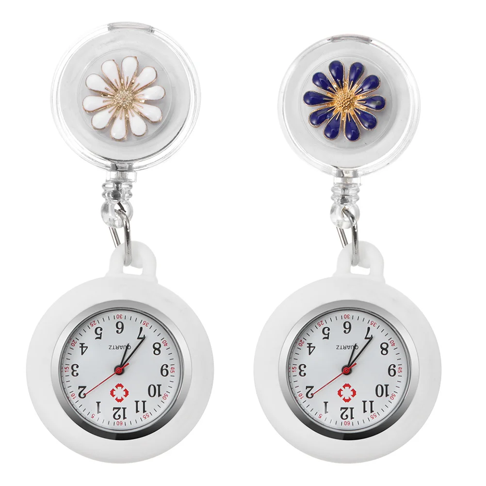 2pcs Pocket For Nurses Clip- Timepiece Portable Retractable Nurse Watch Flower Pattern Chest Watch Gift For Doctors