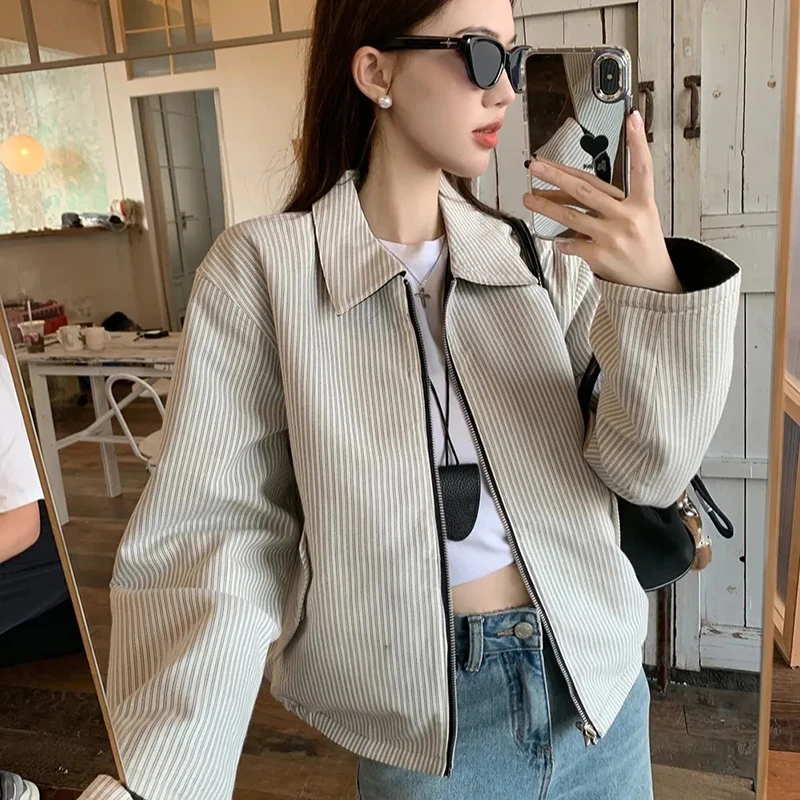 

Reversible Jacket Women Spring Fall Simple Vintage Striped Baseball Zipper Chic Golf Outwear Harajuku Classic Commute Tops