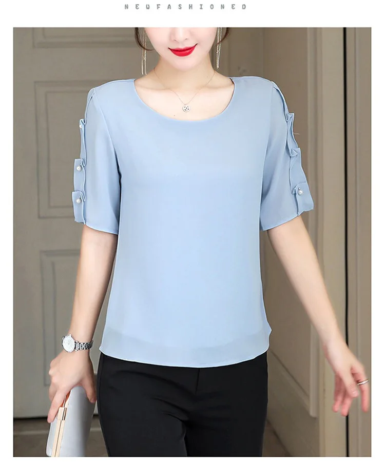 夏の女性のための半袖シフォンシャツ新しい韓国ファッション OL ミッドスリーブシャツファッショナブルなデザインプロフェッショナルトップ