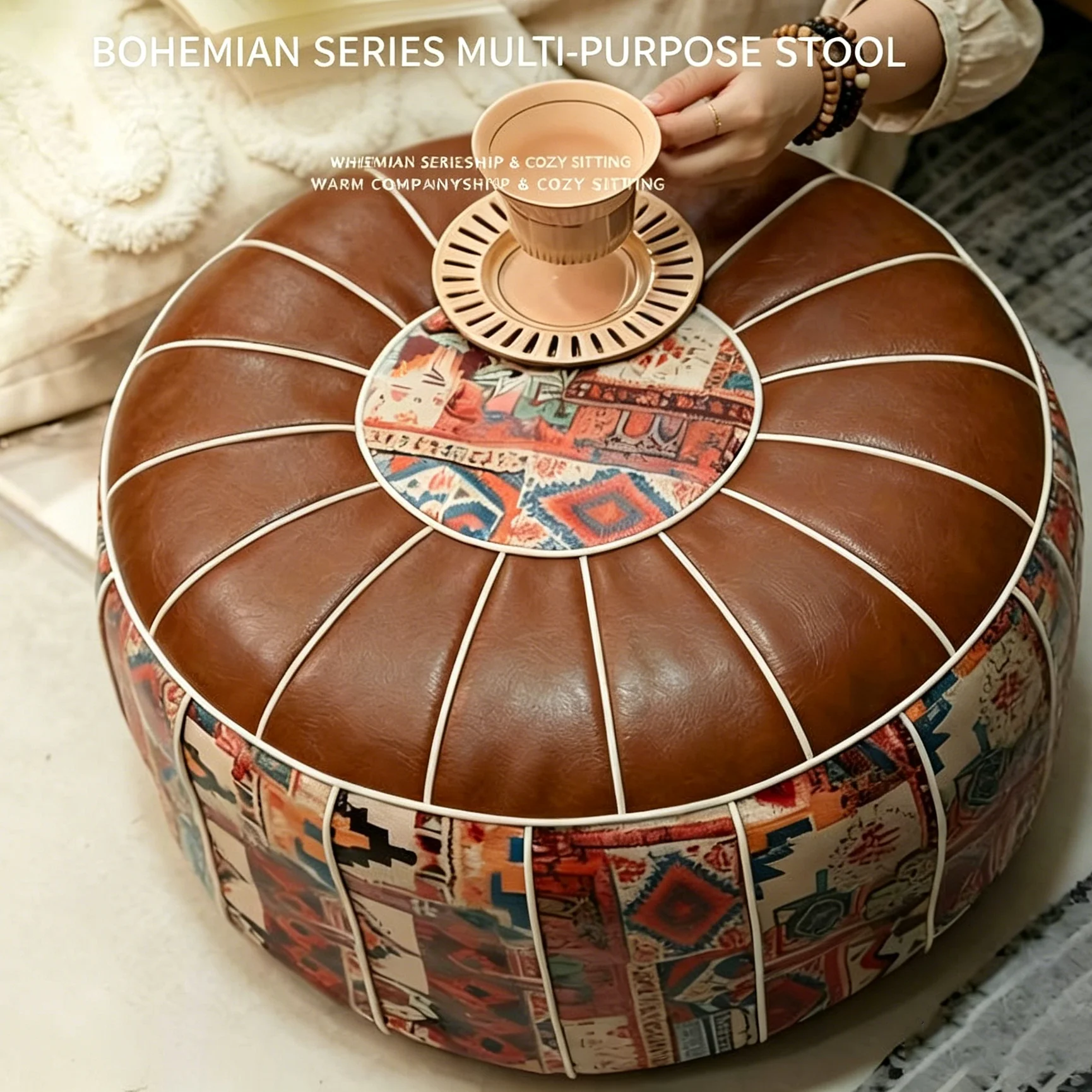 Pouf bohème en cuir PU 53x35cm, brodé, artisanal, ottoman de rangement doux, repose-pieds, décoration intérieure, coussin non rembourré en cuir artificiel