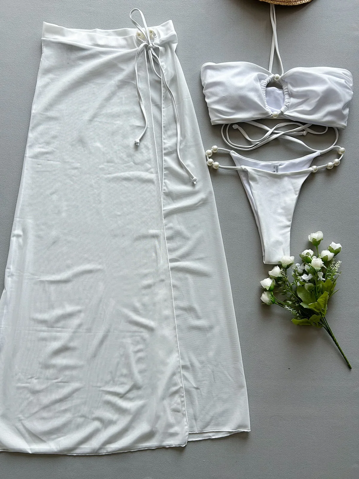 Conjunto de Bikini de 3 piezas para mujer, traje de baño Sexy con pareo largo, ropa de baño femenina, ropa de playa, traje de baño 2025