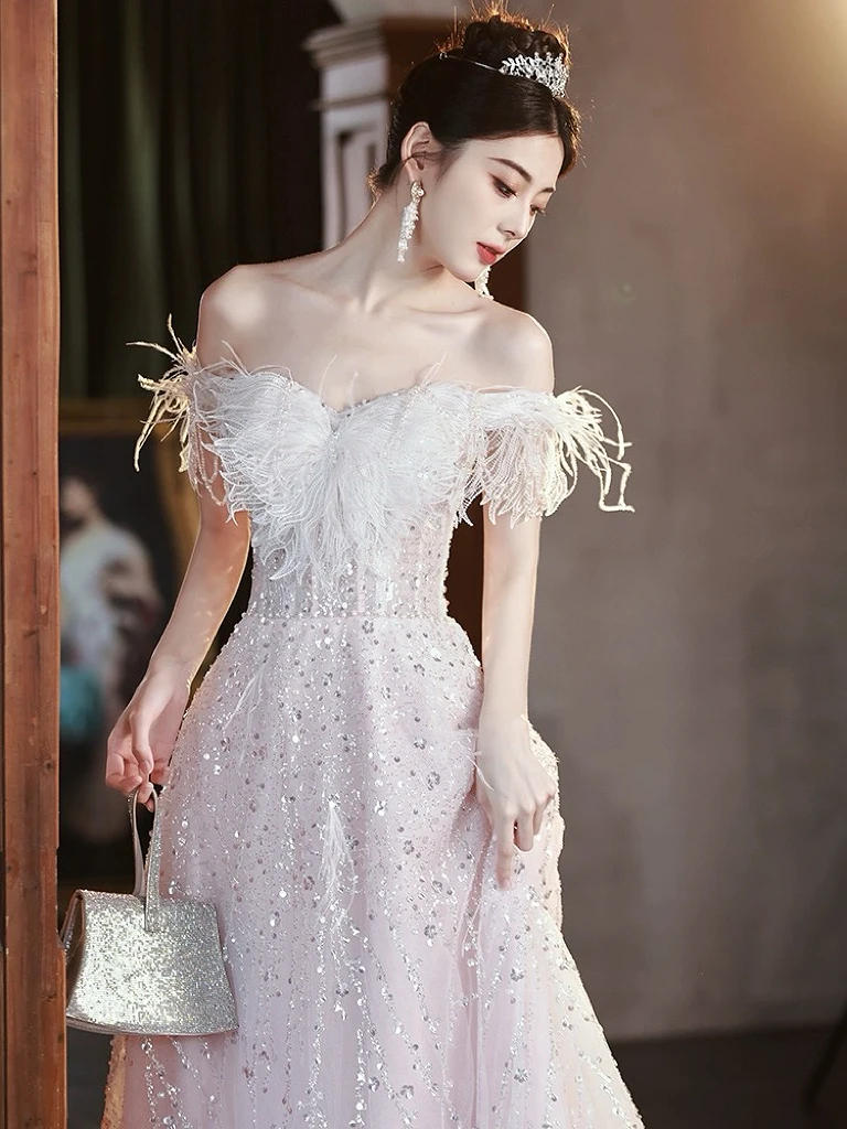 Sweet Pink Evening Dresses Off the Shoulder Lace-up Sequins Floor-Length A-line Sleeveless Performance Prom Celebrity Gowns New