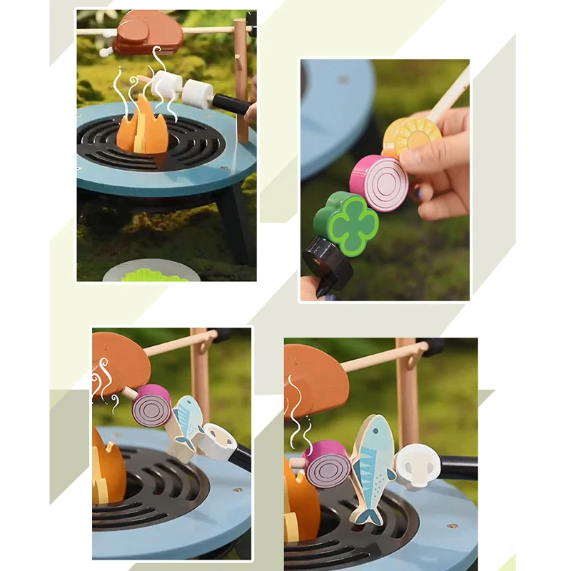 Wooden Barbecue Playset For Kids Pretend Play Bbq Toy With Grilling Tools Food Pieces & Condiments For Outdoor Cooking Role Play