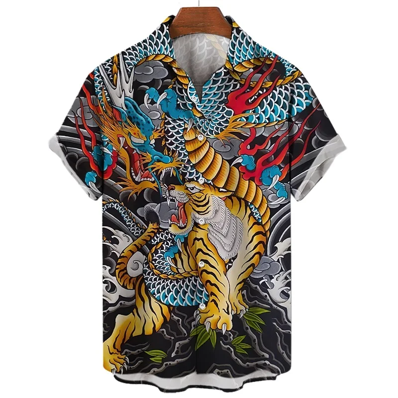 New Chinese Style Traditional Thangka Tiger Statue Printed Short Sleeved Shirt for Men's Summer Loose Collared Couple Shirt