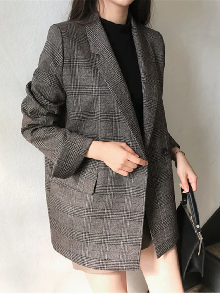 Colorfaith-chaquetas formales a cuadros para mujer, chaquetas con bolsillos de doble botonadura, prendas de vestir exteriores para invierno y