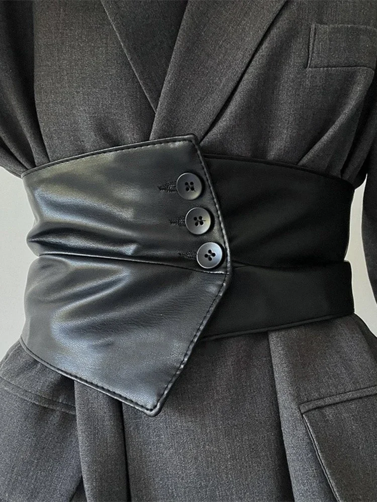 Vestido con pretina negra para mujer, cinturilla decorativa, camisa elástica a la moda, traje, cintura ancha elástica, novedad de 2024