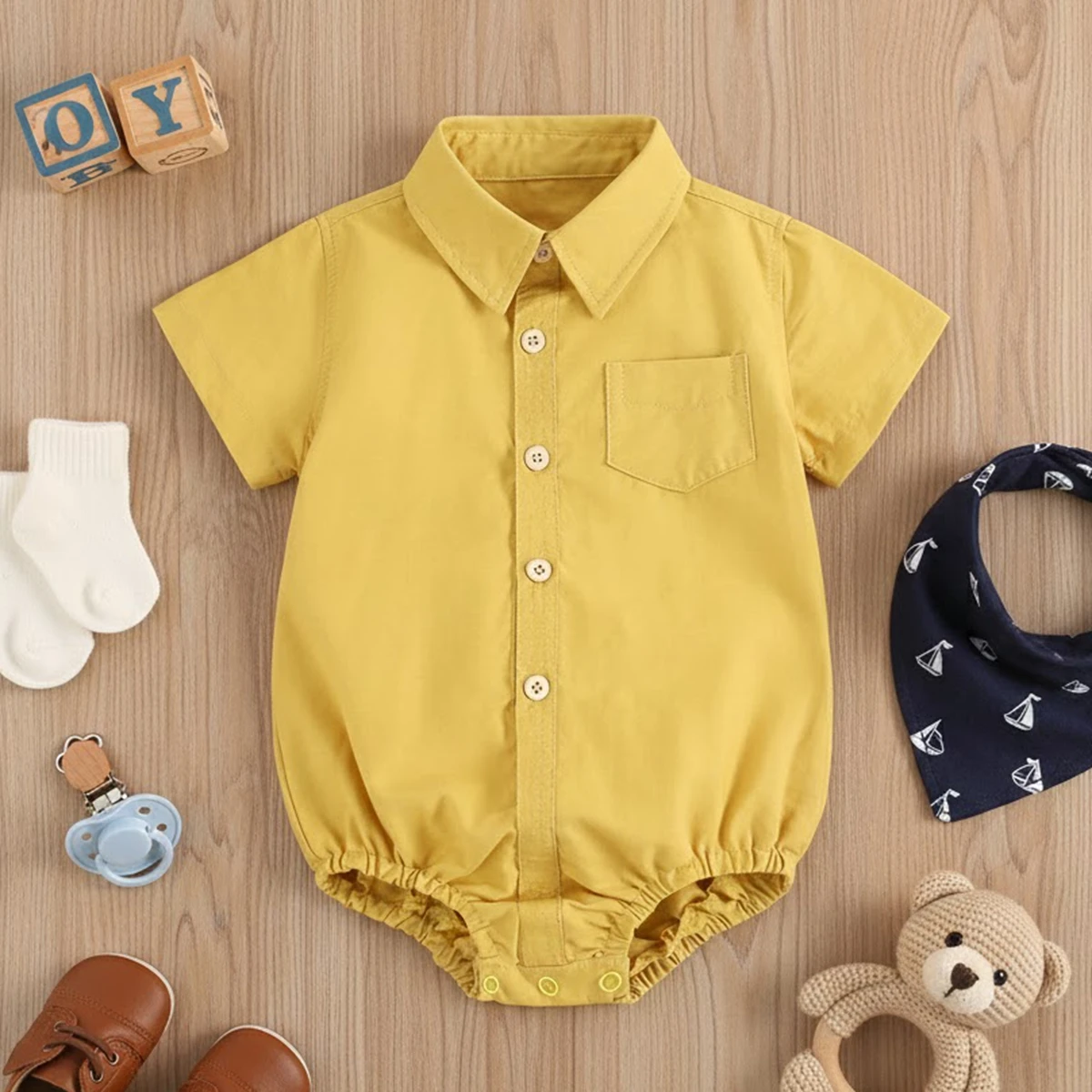 Summer Solid Color Baby Boys Casual Short Sleeve Bodysuits Cute Toddler Clothes