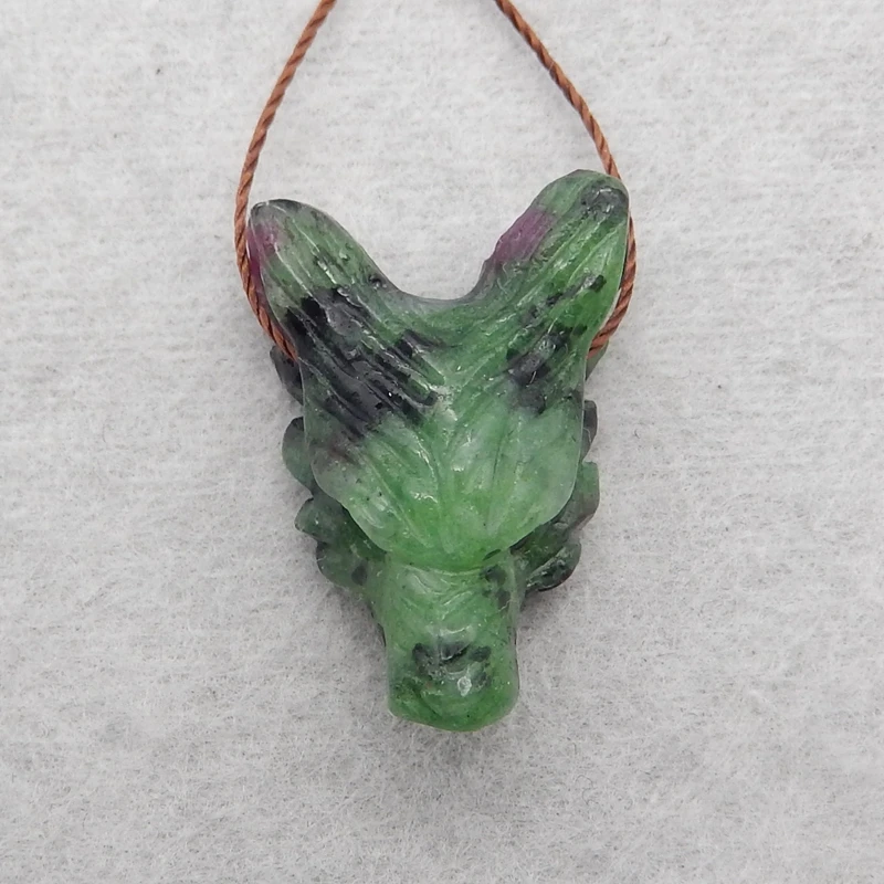 Customized Jewelry Natural Stone Handcarved Wolf Head Ruby And Zoisite Animal Necklace Accessories Pendant Bead 24x17x9mm 4g