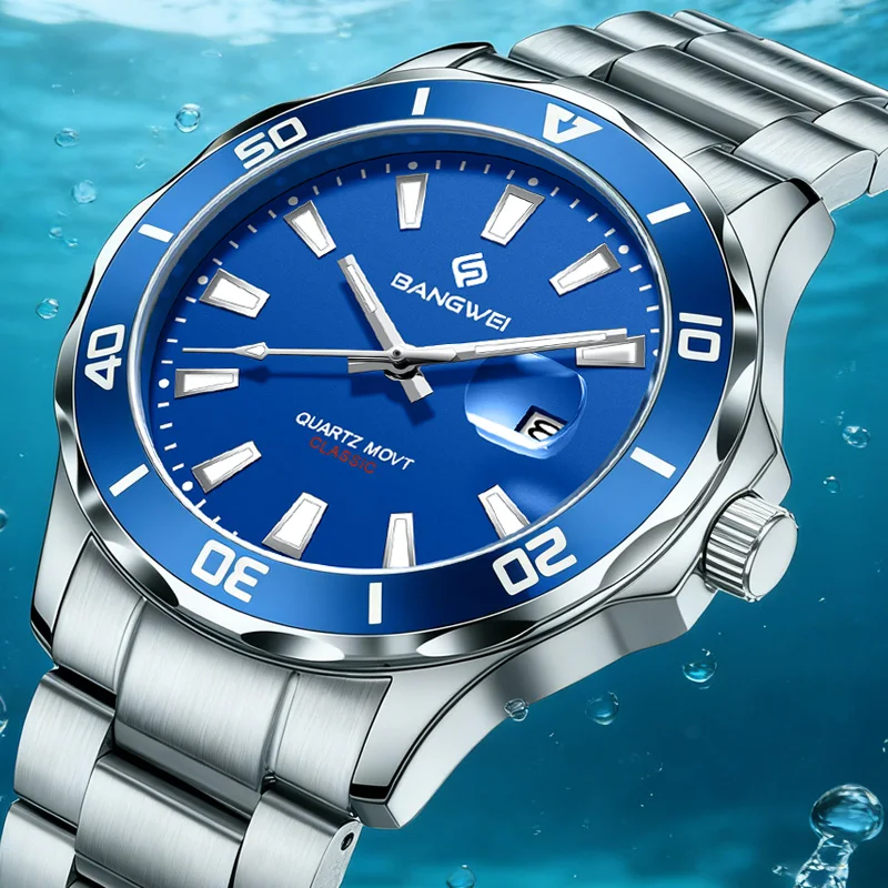 

Мужские часы BANGWEI: Классические, с календарем, светящиеся, кварцевые, водонепроницаемые, из нержавеющей стали, высокого качества