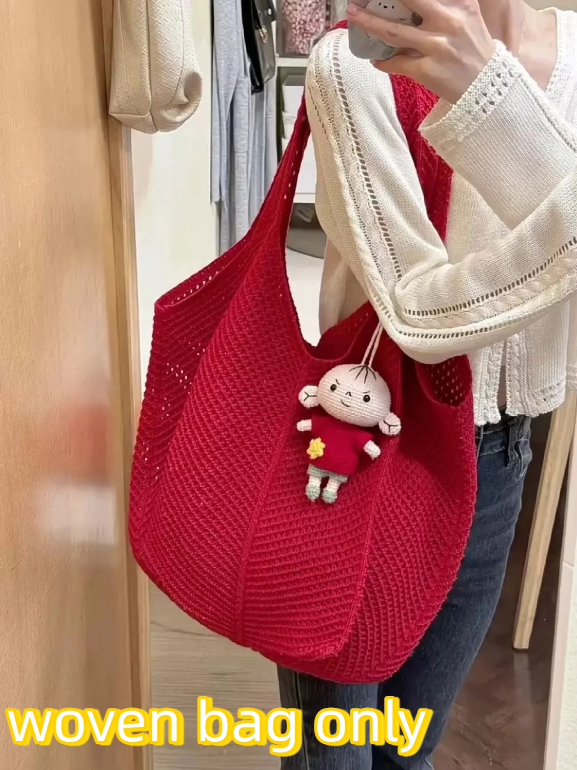 

Bohemian Woven Shopping Bag Women's Hollow Shoulder Bags Large Knitting Solid Crochet Tote Handbag Summer Mesh Beach Bag