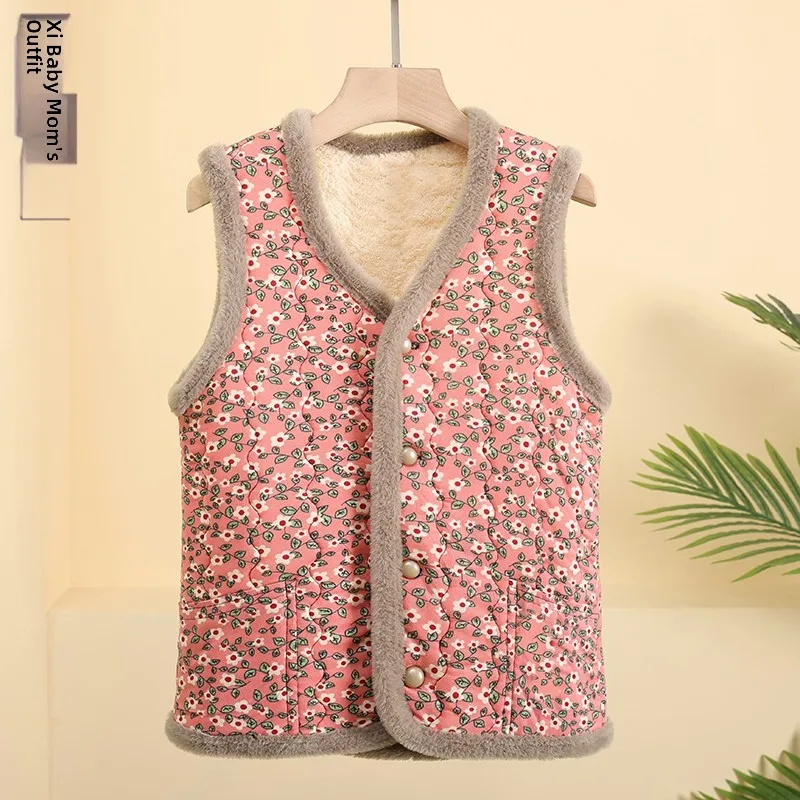 

Thiened Fce Soft Floral Mommy Jaet Autumn Winter Women's Vest Floral Print Warm Coat for Middle-Aged And ly