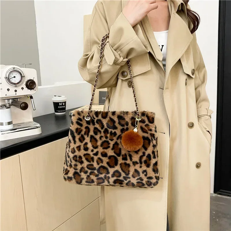 Youda New Fannel Fabric Shoulder Bag for Women Fashion Simple Leopard Chain Crossbody Large Casual Capacity Shopper Tote Bags