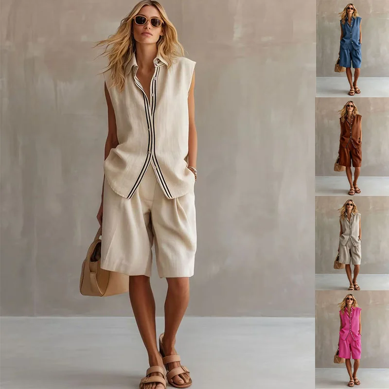 new-single-breasted-sleeveless-linen-shirt-set-casual-fashion-slimming-two-piece-commuter-vacation-versatile-women's-clothing