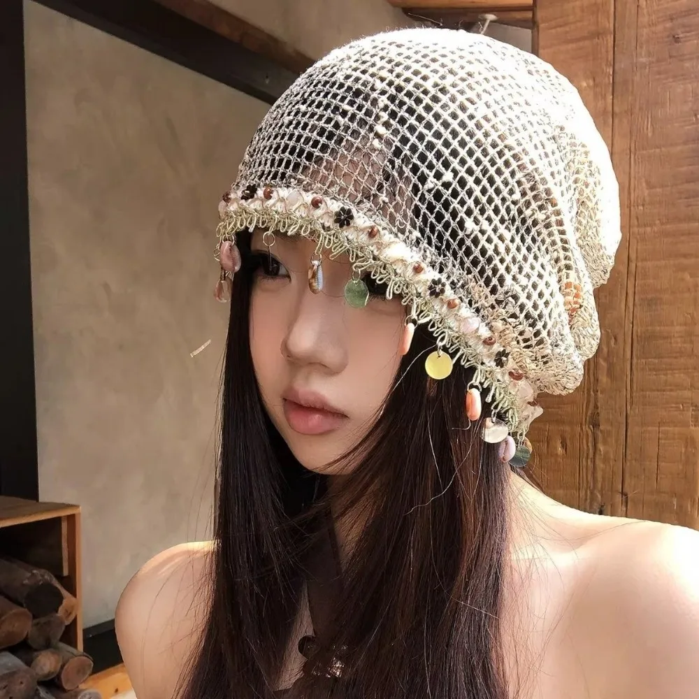 Lightweight Shell Charm Wrap Beanie Large Head Size Thin Hollow Out Slouchy Hat Breathable Pullover Design Fringe Skullcap