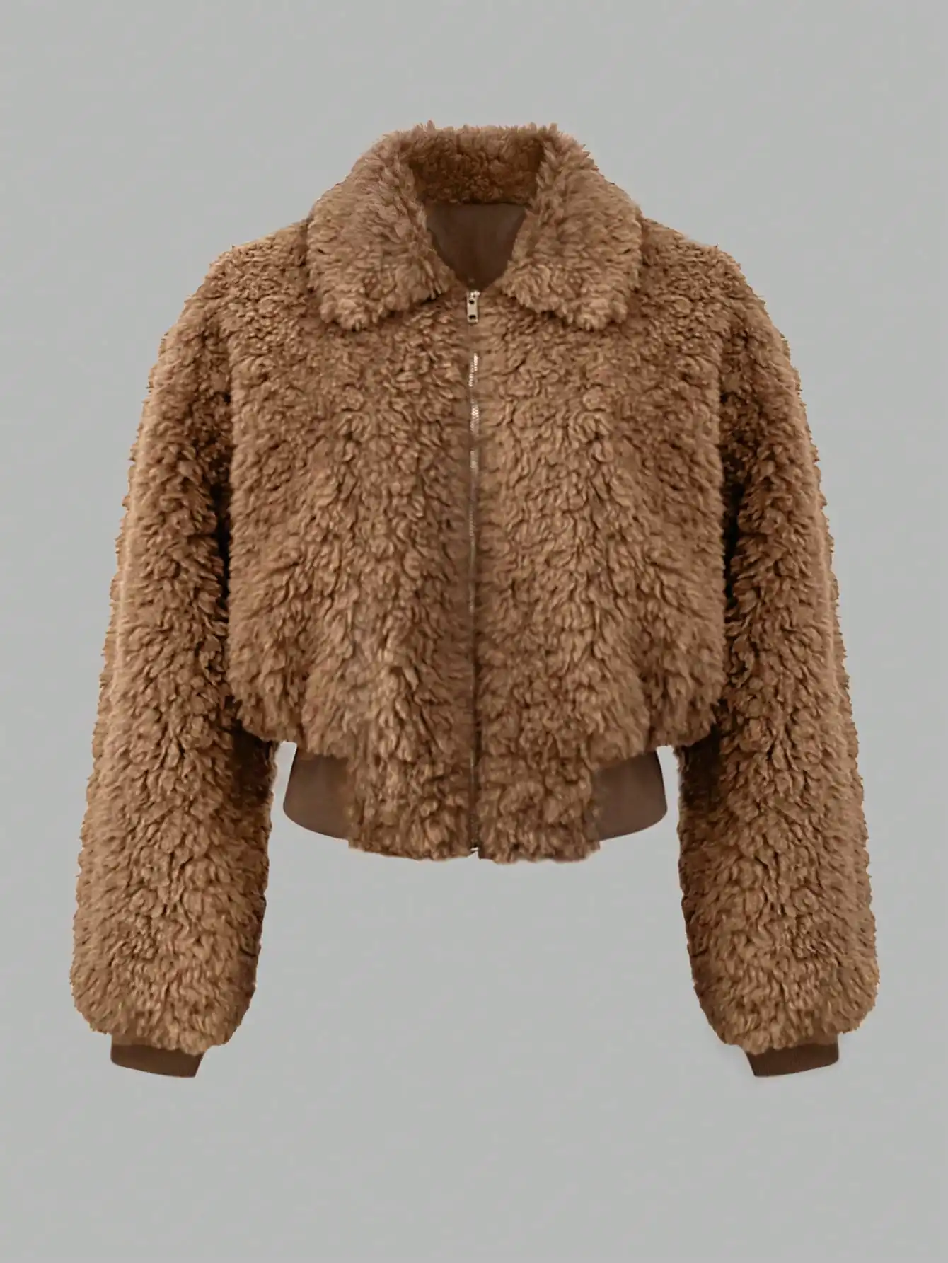 Bruine teddyfleece cropped jas voor dames, ritssluiting, reverskraag, pluizige korte jas, winterwarme bovenkleding