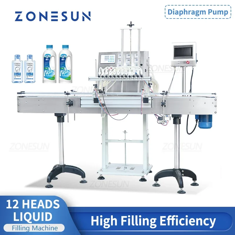 Zonesun Automatic Liquid Filling Machine ZS-VTDP12P 12 Heads Water Drinks Bottle Filler Diaphragm Pump Packaging Production Line