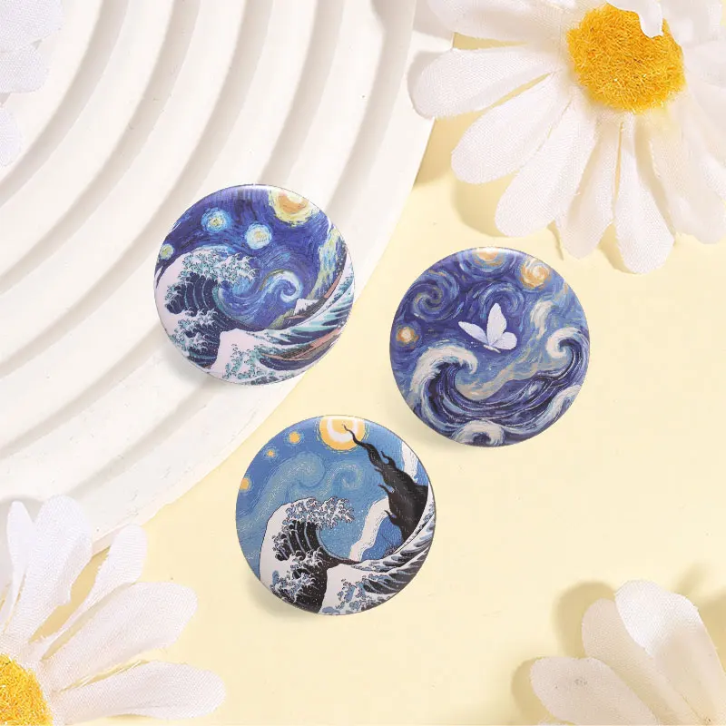 Van Gogh Starry Moon Night Great Wave Tinplate Soft Button Pin Ukiyo-e Oil Art Painting Metal  Brooch Lapel Badge Jewelry Gifts