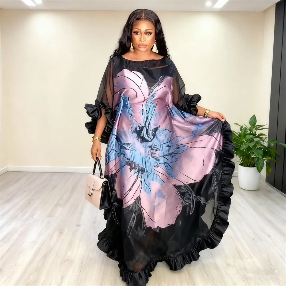 

African Dresses for Women Ruffles Print Party Dress Ankara Dashiki Africa Clothing Dubai Abaya Kaftan Boubou Robe Morocco Caftan