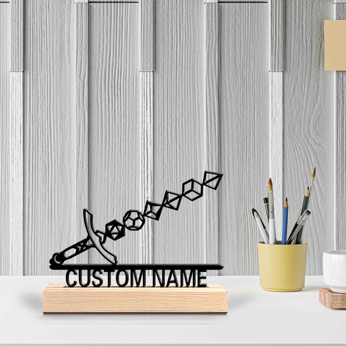 1 pièce Statue en métal abstraite en forme d'épée, avec texte personnalisable, base en bois, artisanat d'art, pour la décoration intérieure