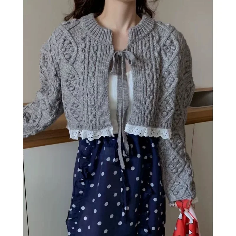 Suéter de Punto Dulce y Juguetón para Mujer con Ribete de Encaje y Diseño de Lazo, Cárdigan Corto de Manga Larga para Otoño e...