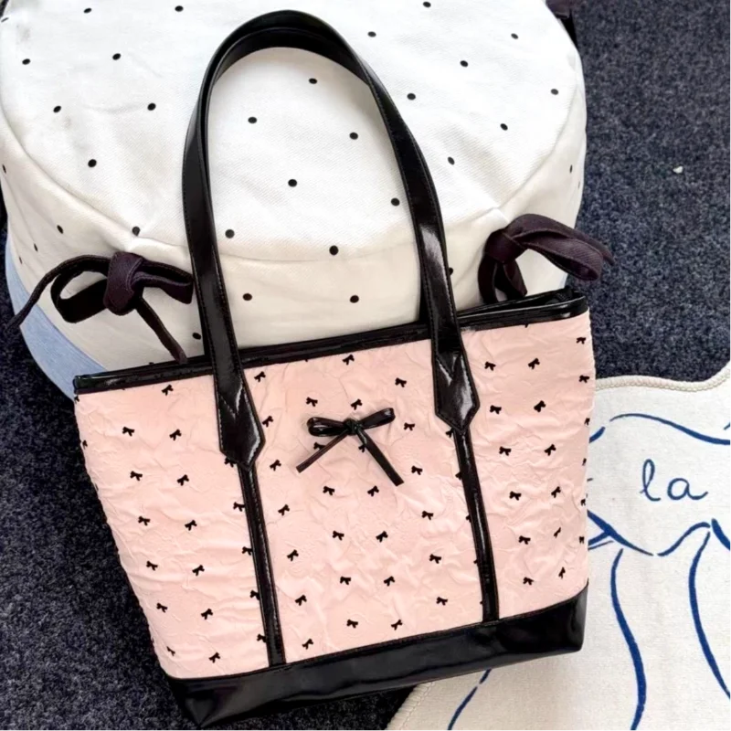 Polka Dot Bow Tote Bag Pink Color-blocked Shoulder Bag Stylish Simple Handbag Korean Y2k Style Sweet Girl Commuting Underarm Bag