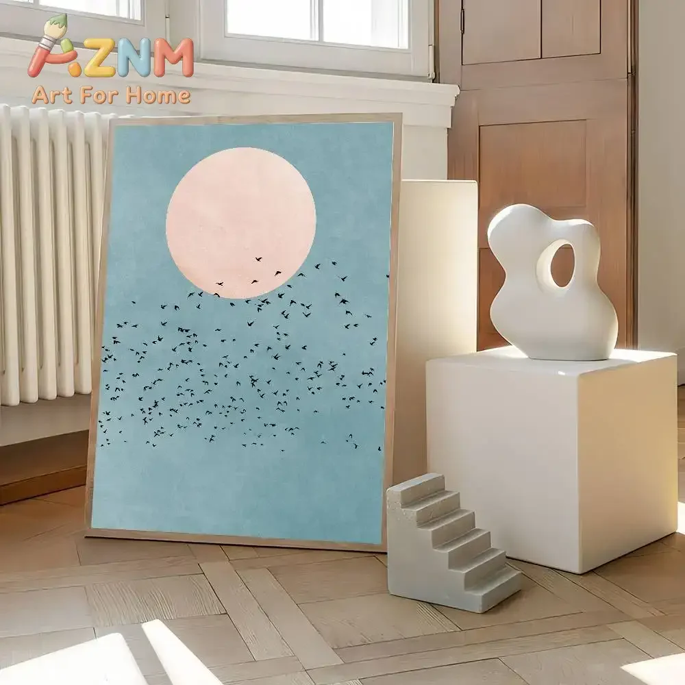 AZNM Pink Sun Flock of Birds Canvas Painting Frameless Wall Art Abstract Sky Nature Poster Living Room Home Decor Print