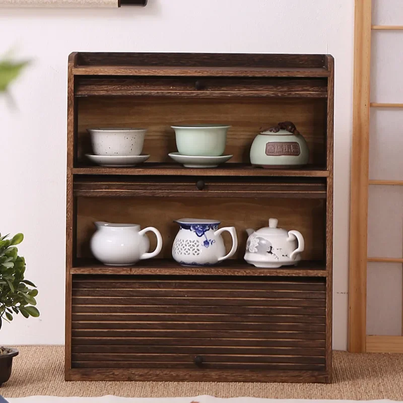 Solid Wood Tea Cup Cabinet Ancient Frame for Living Room Decor Dustproof Curtain Door Teapot Organizer Traditional Organizer