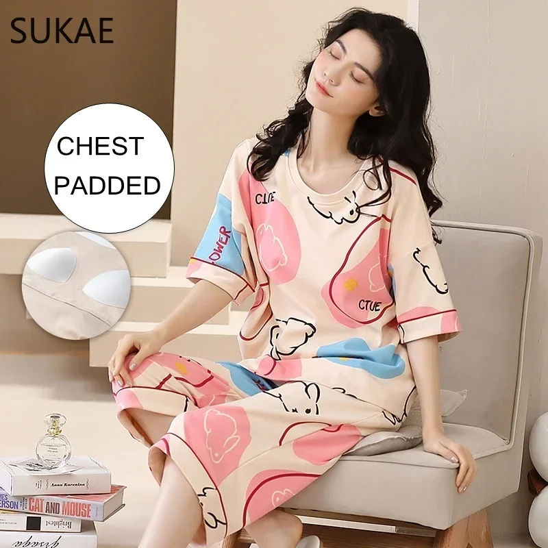 SUKAE Summer Women Chest Padded Sleepwear Casual Capris Pajamas Set Quarter Pants Nightwear Cotton Pijama Mujer Short Sleeves Pj