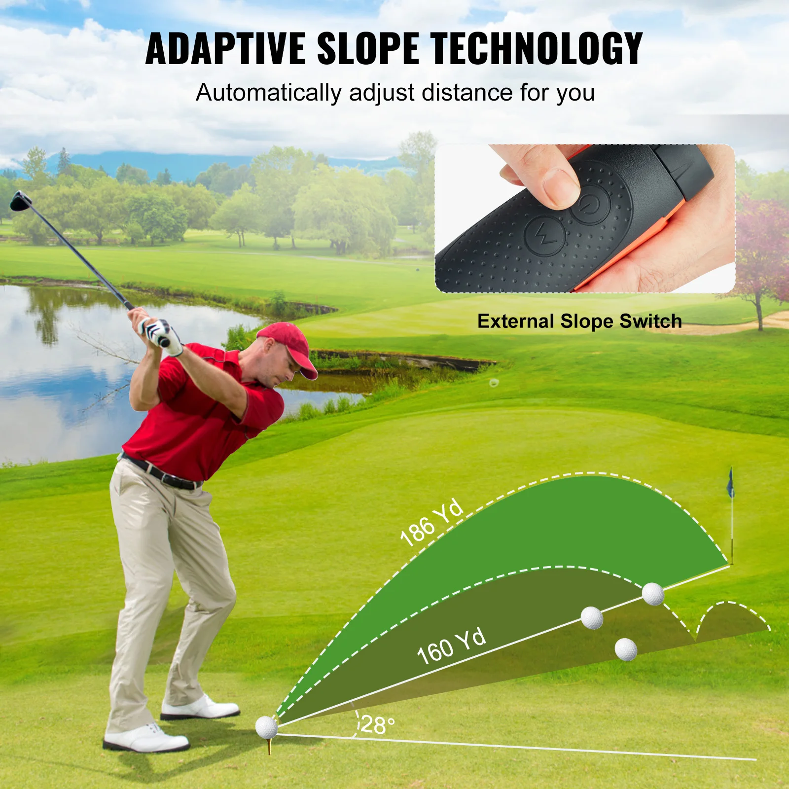 VEVOR-Golf Rangefinder Laser, Golfe e Caça Range Finder, 6X Ampliação, Bandeira Pole Lock, Vibração Slope, USB Charge, 1300 Jardas