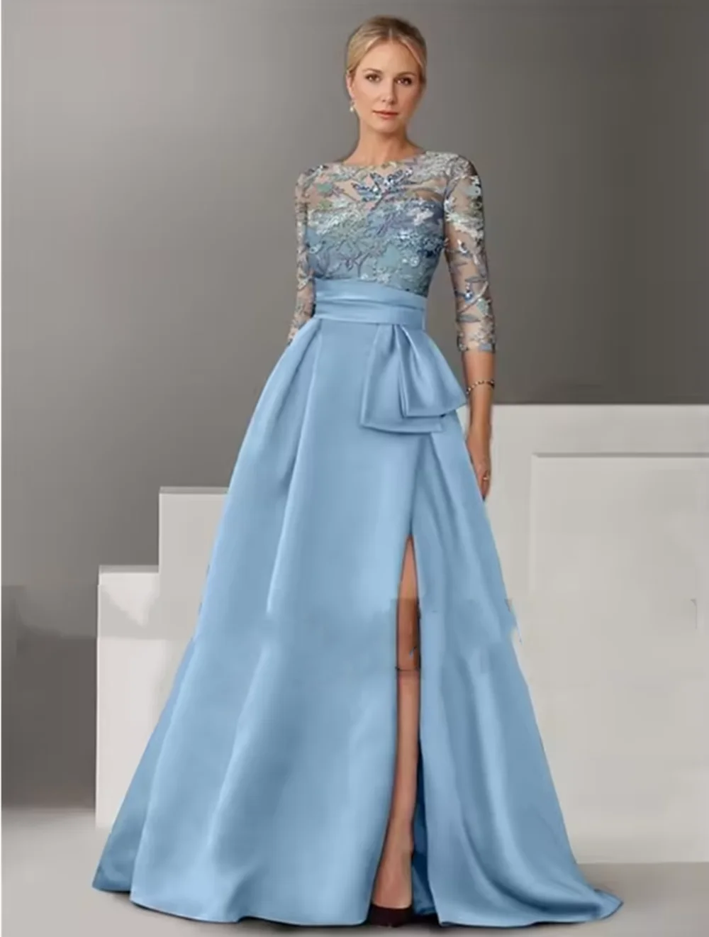 Modna sukienka dla matki panny młodej z okrągłym dekoltem, rozcięciem, krojem w kształcie litery A, aplikacjami kwiatowymi, marszczeniami, suknia wieczorowa damska, szyta na miarę.