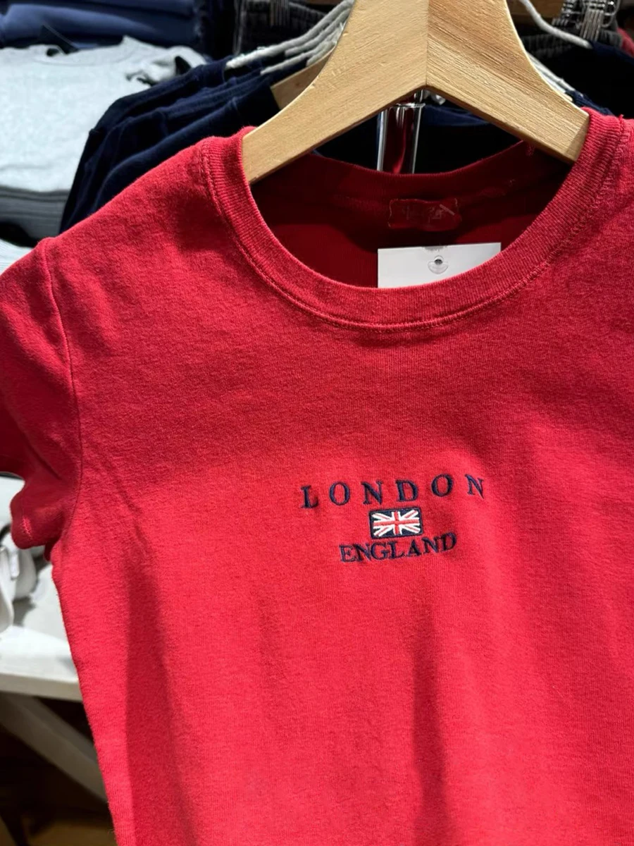 Vintage Roten Brief Flagge Stickerei Baumwolle T-shirt Frauen Oansatz Sommer Kurzarm T-shirt Amerikanischen Dünne Beiläufige Crop Y2K Top – Detail 5